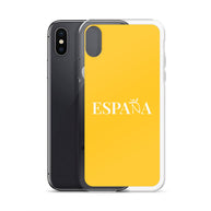 Carcasa transparente iPhone ESPAÑA de color amarillo y letra blanca