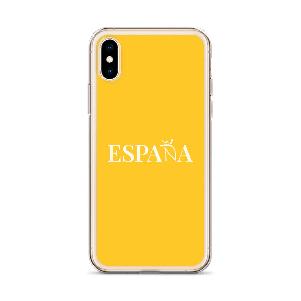 Carcasa transparente iPhone ESPAÑA de color amarillo y letra blanca