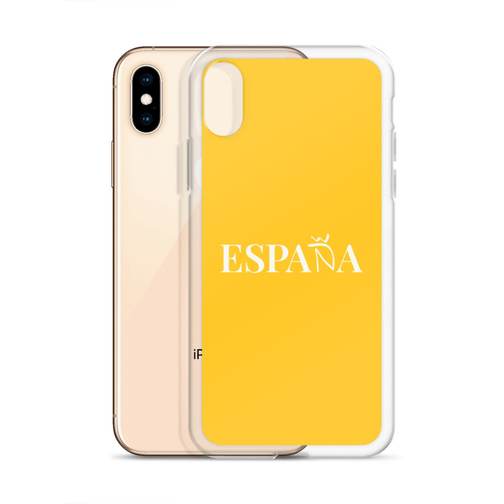 Carcasa transparente iPhone ESPAÑA de color amarillo y letra blanca