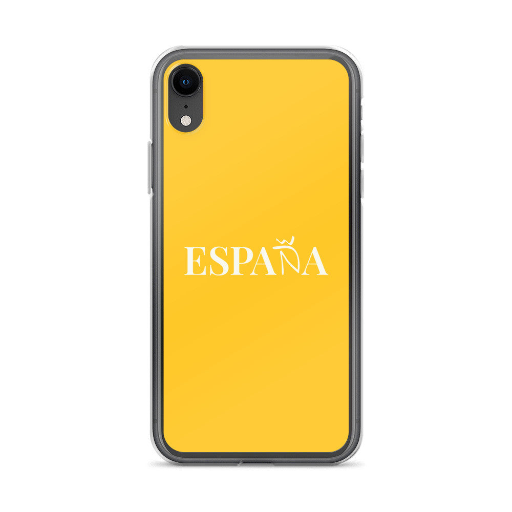 Carcasa transparente iPhone ESPAÑA de color amarillo y letra blanca