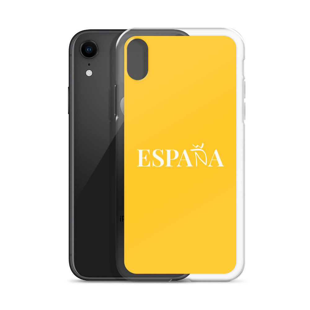 Carcasa transparente iPhone ESPAÑA de color amarillo y letra blanca