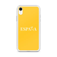 Carcasa transparente iPhone ESPAÑA de color amarillo y letra blanca
