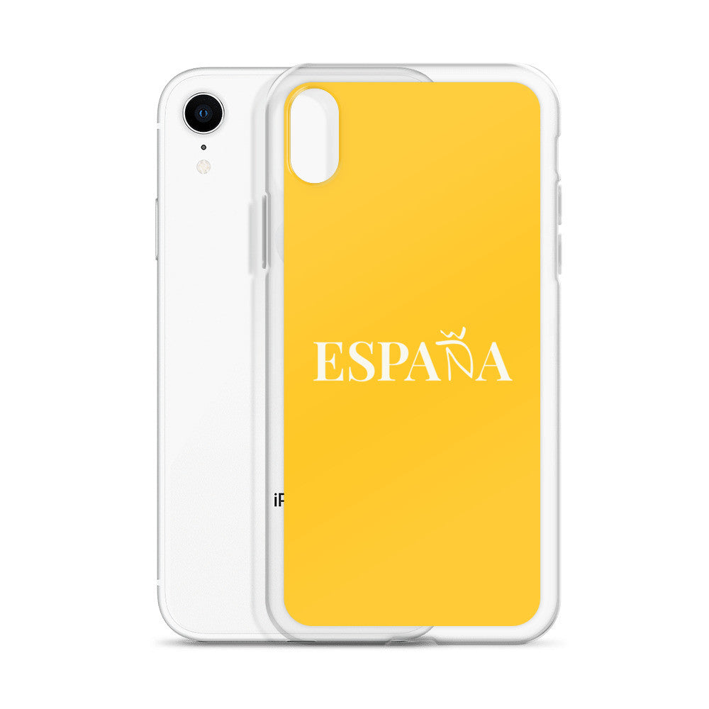 Carcasa transparente iPhone ESPAÑA de color amarillo y letra blanca