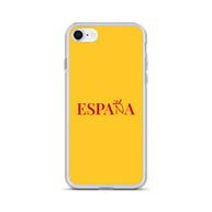 Carcasa transparente iPhone ESPAÑA de color amarillo y letra rojo