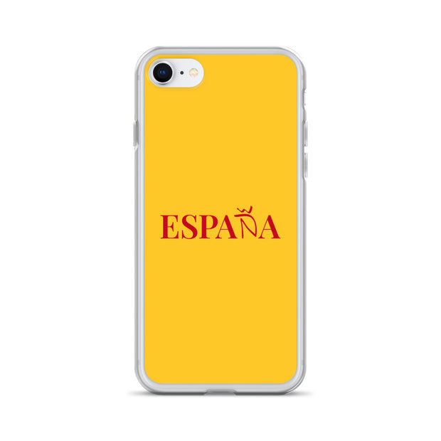 Carcasa transparente iPhone ESPAÑA de color amarillo y letra rojo