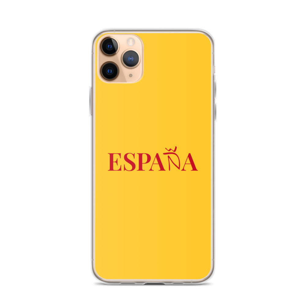 Carcasa transparente iPhone ESPAÑA de color amarillo y letra rojo