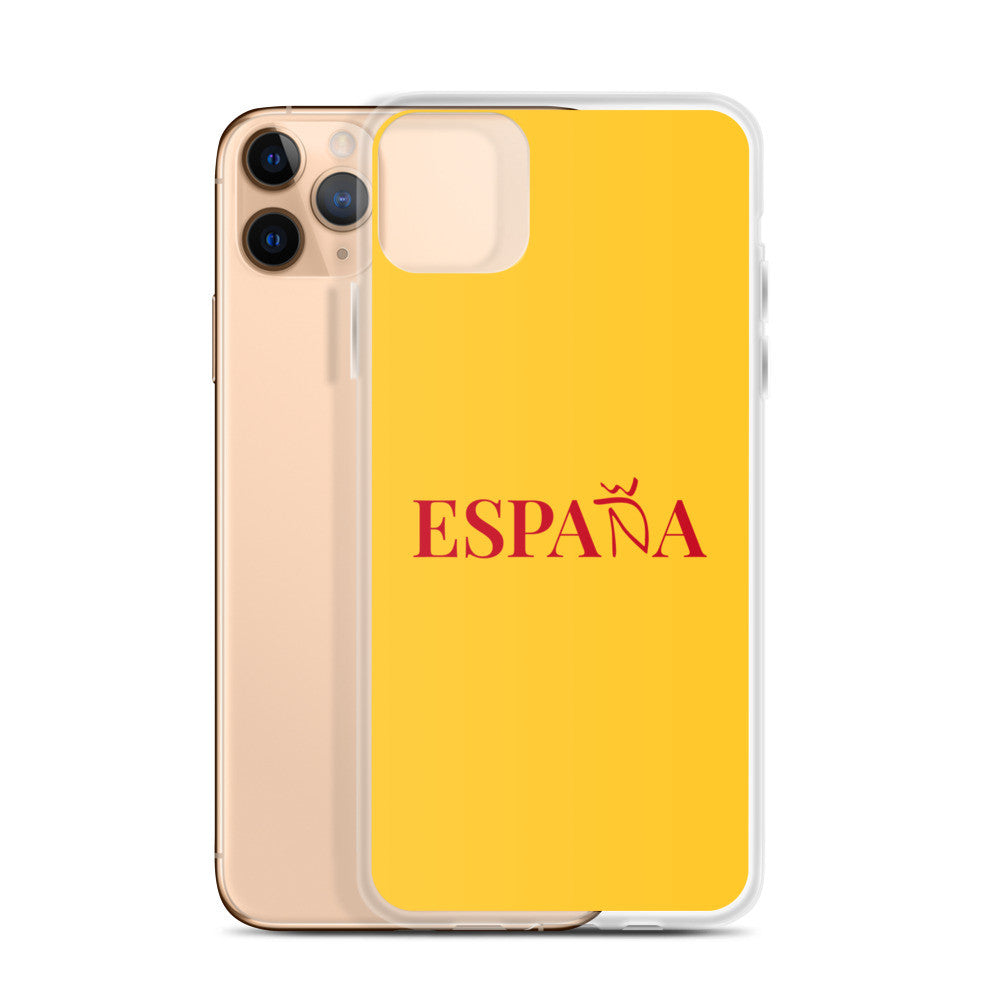 Carcasa transparente iPhone ESPAÑA de color amarillo y letra rojo