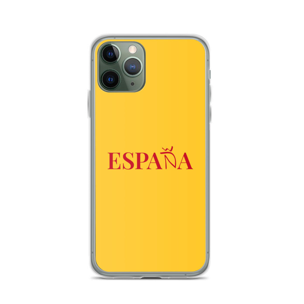 Carcasa transparente iPhone ESPAÑA de color amarillo y letra rojo
