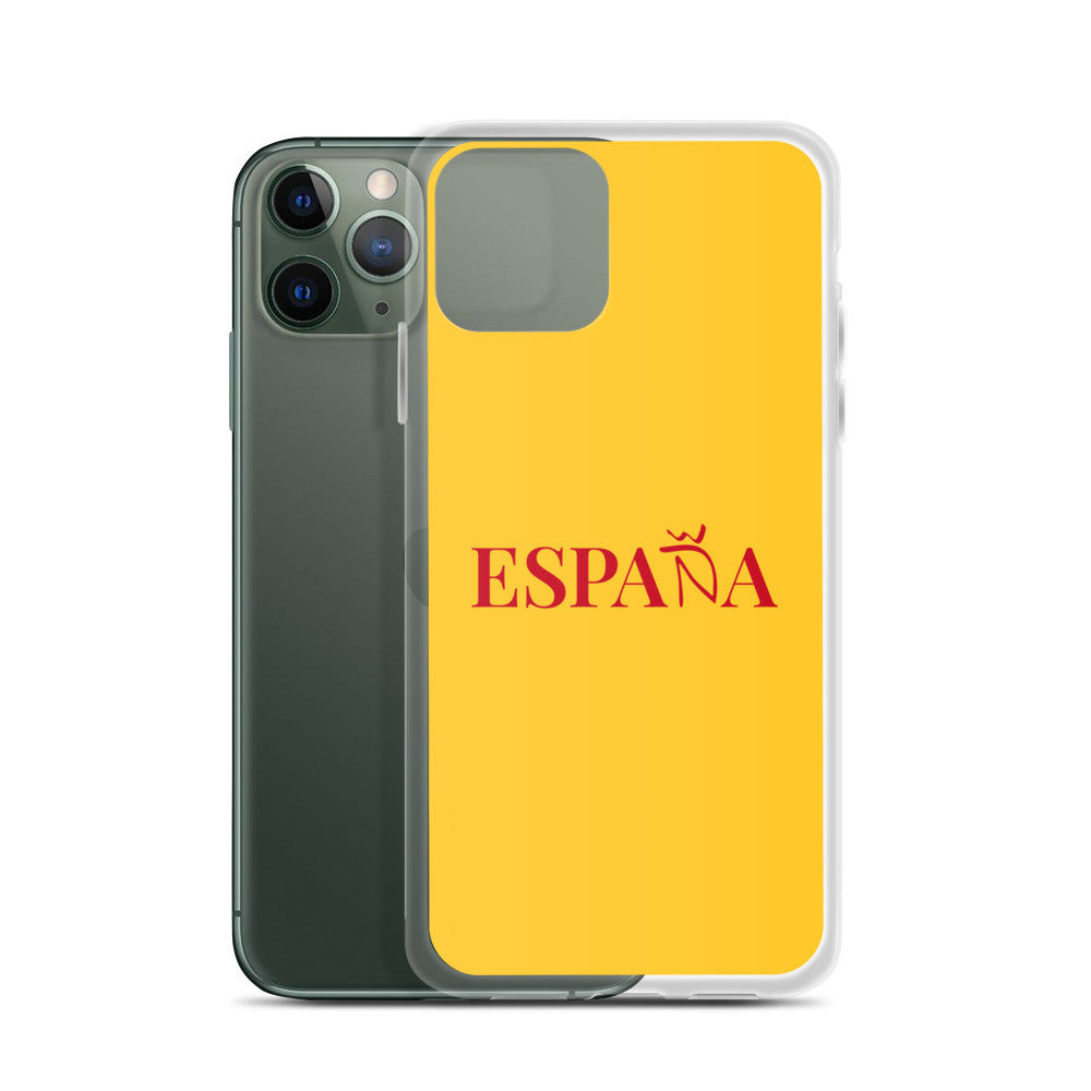 Carcasa transparente iPhone ESPAÑA de color amarillo y letra rojo