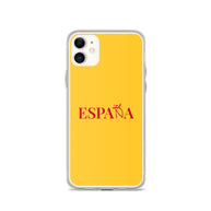 Carcasa transparente iPhone ESPAÑA de color amarillo y letra rojo