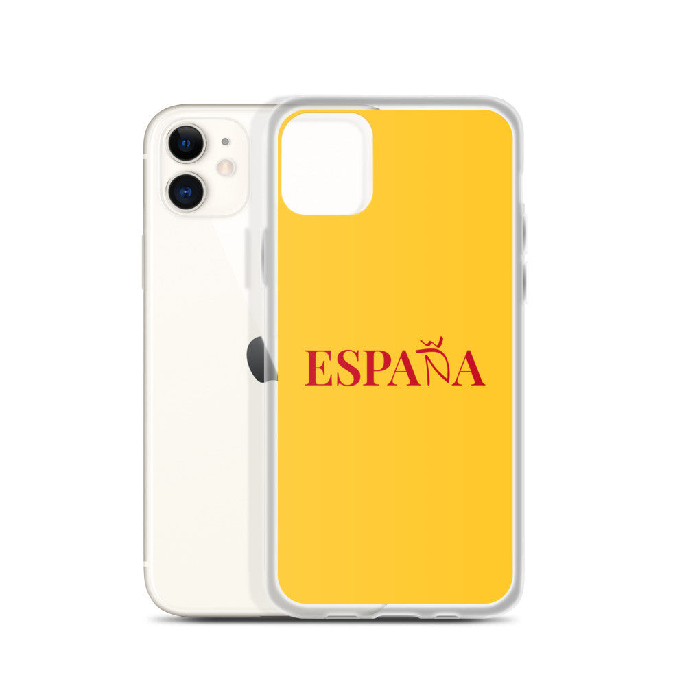 Carcasa transparente iPhone ESPAÑA de color amarillo y letra rojo