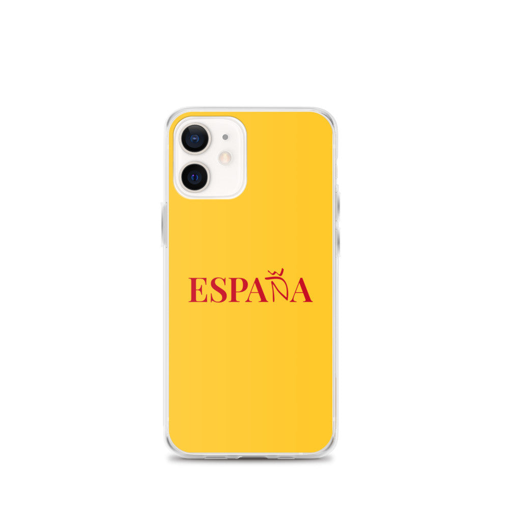Carcasa transparente iPhone ESPAÑA de color amarillo y letra rojo