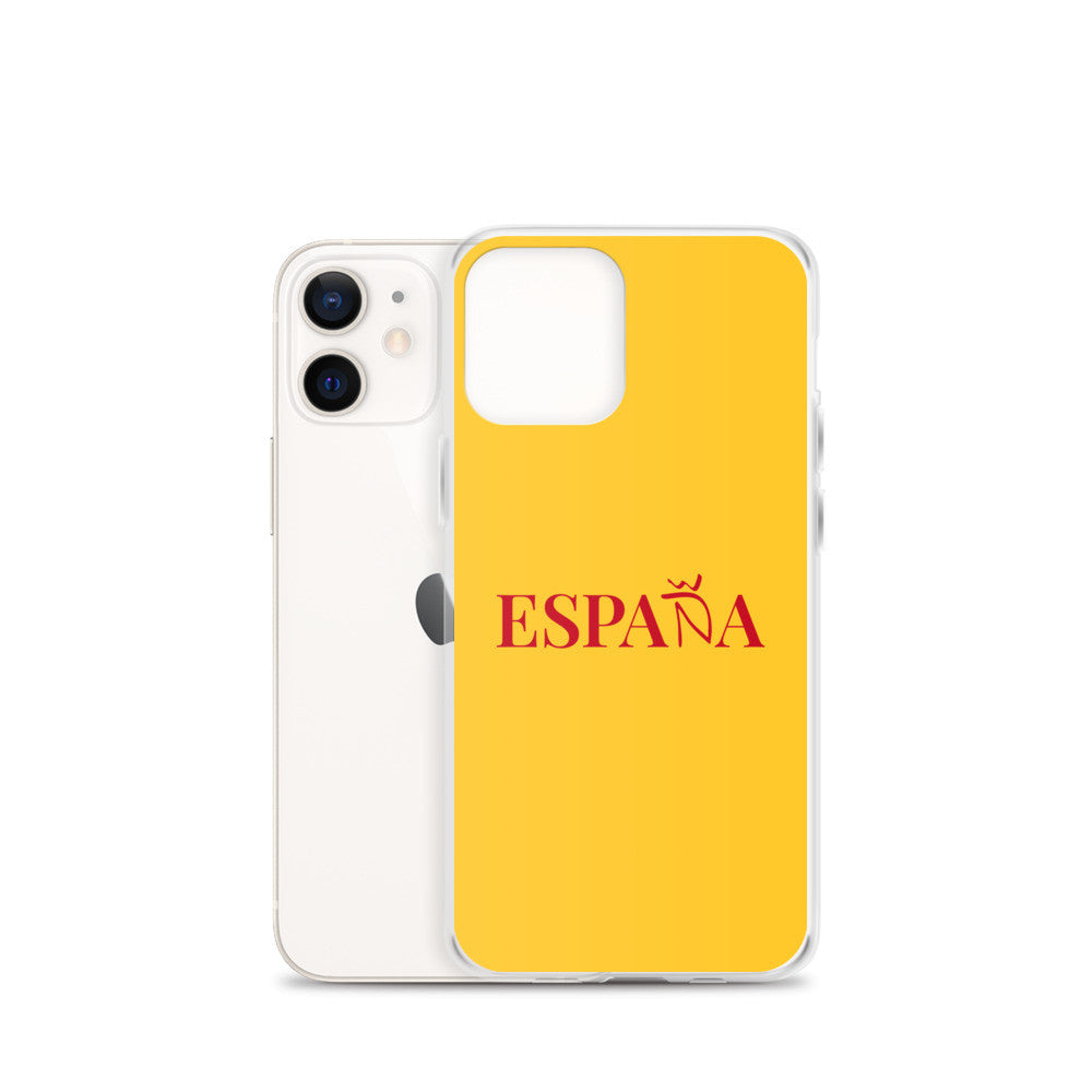 Carcasa transparente iPhone ESPAÑA de color amarillo y letra rojo