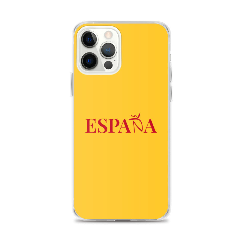 Carcasa transparente iPhone ESPAÑA de color amarillo y letra rojo