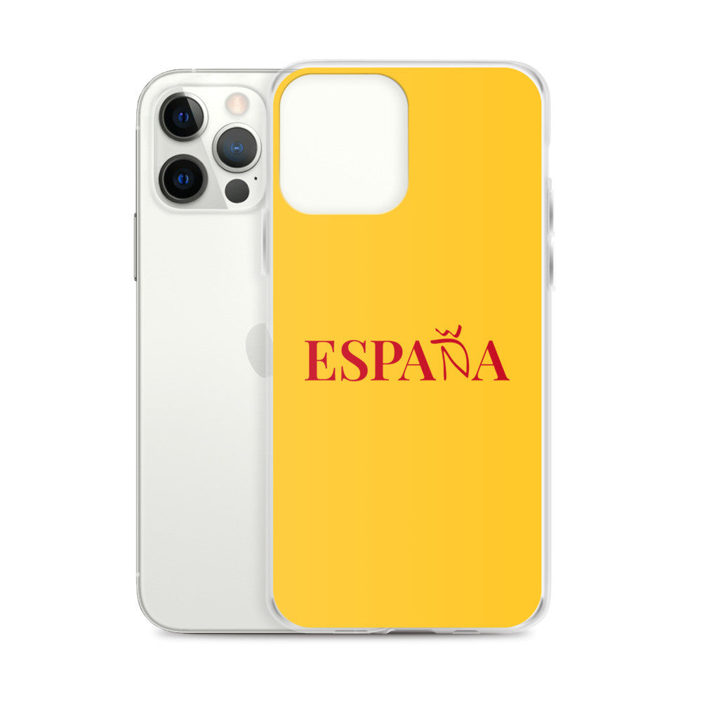 Carcasa transparente iPhone ESPAÑA de color amarillo y letra rojo