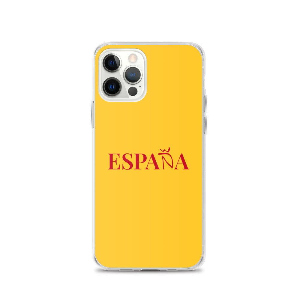 Carcasa transparente iPhone ESPAÑA de color amarillo y letra rojo