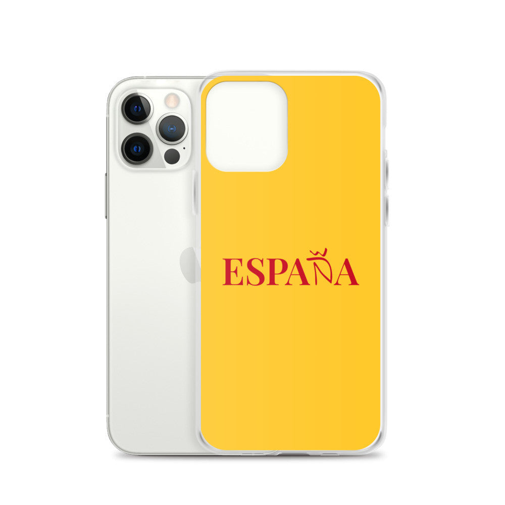 Carcasa transparente iPhone ESPAÑA de color amarillo y letra rojo