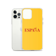 Carcasa transparente iPhone ESPAÑA de color amarillo y letra rojo