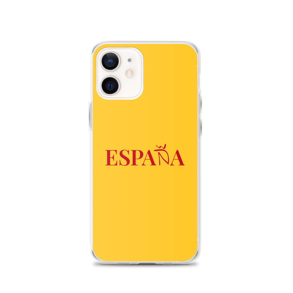 Carcasa transparente iPhone ESPAÑA de color amarillo y letra rojo