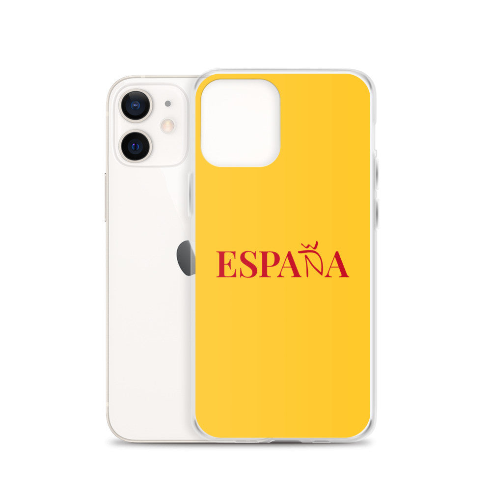 Carcasa transparente iPhone ESPAÑA de color amarillo y letra rojo