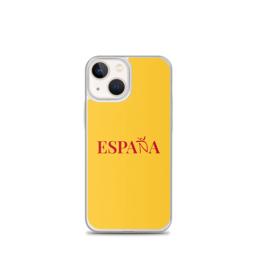 Carcasa transparente iPhone ESPAÑA de color amarillo y letra rojo