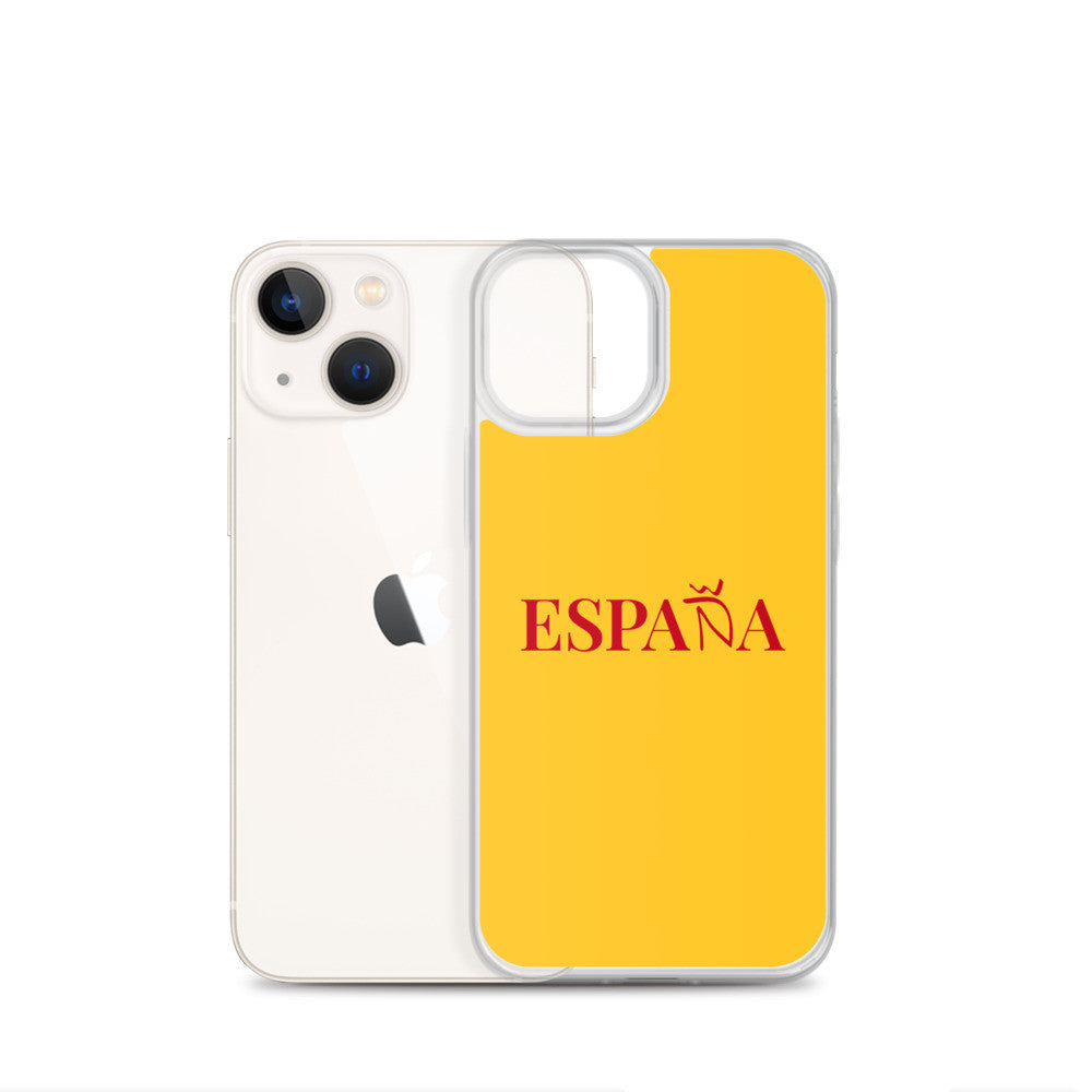 Carcasa transparente iPhone ESPAÑA de color amarillo y letra rojo