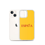 Carcasa transparente iPhone ESPAÑA de color amarillo y letra rojo