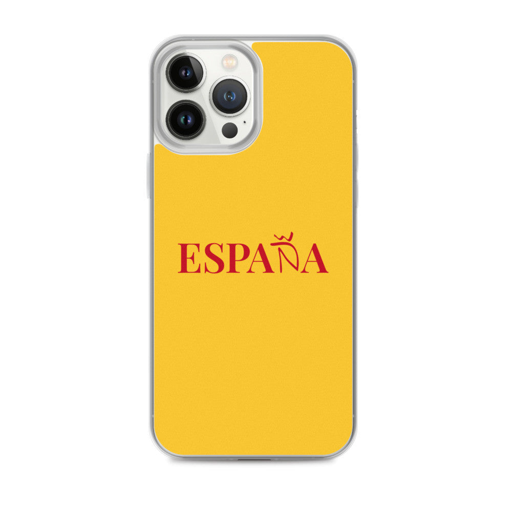 Carcasa transparente iPhone ESPAÑA de color amarillo y letra rojo