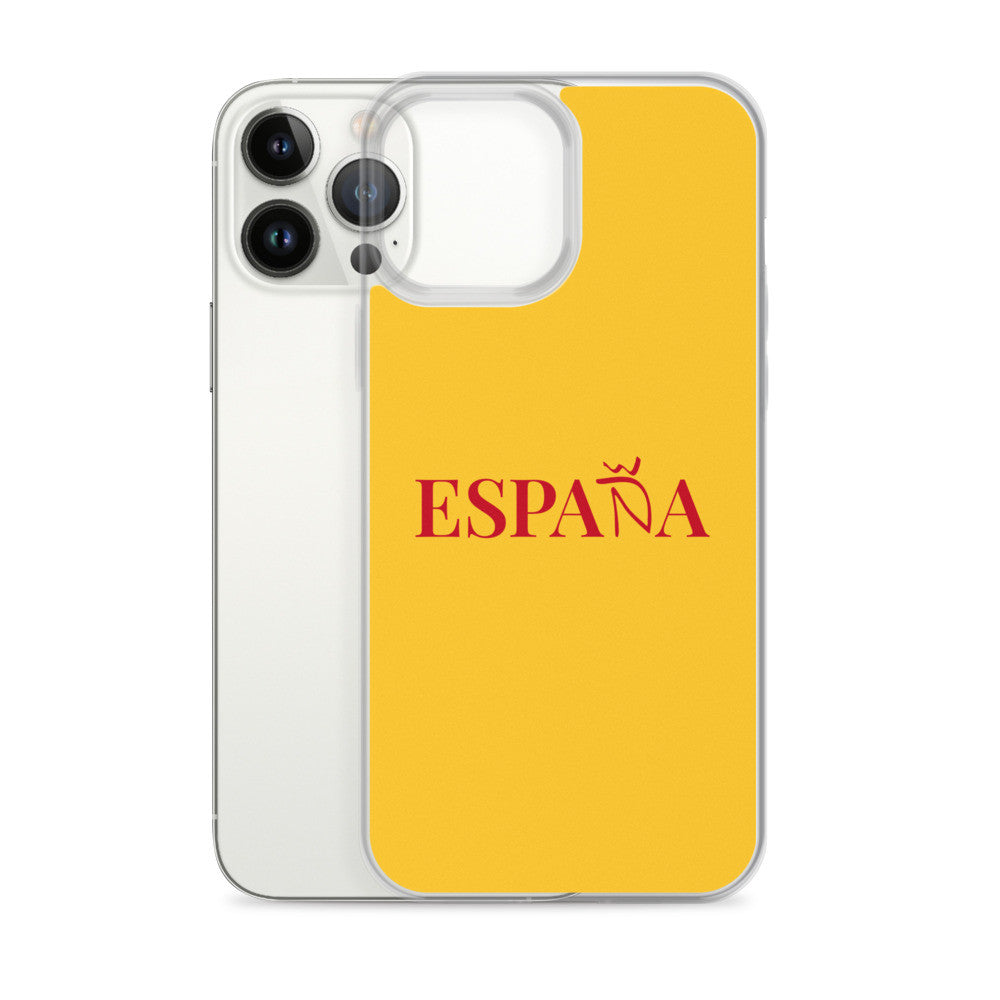 Carcasa transparente iPhone ESPAÑA de color amarillo y letra rojo