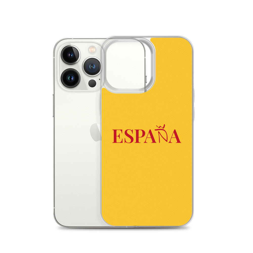 Carcasa transparente iPhone ESPAÑA de color amarillo y letra rojo