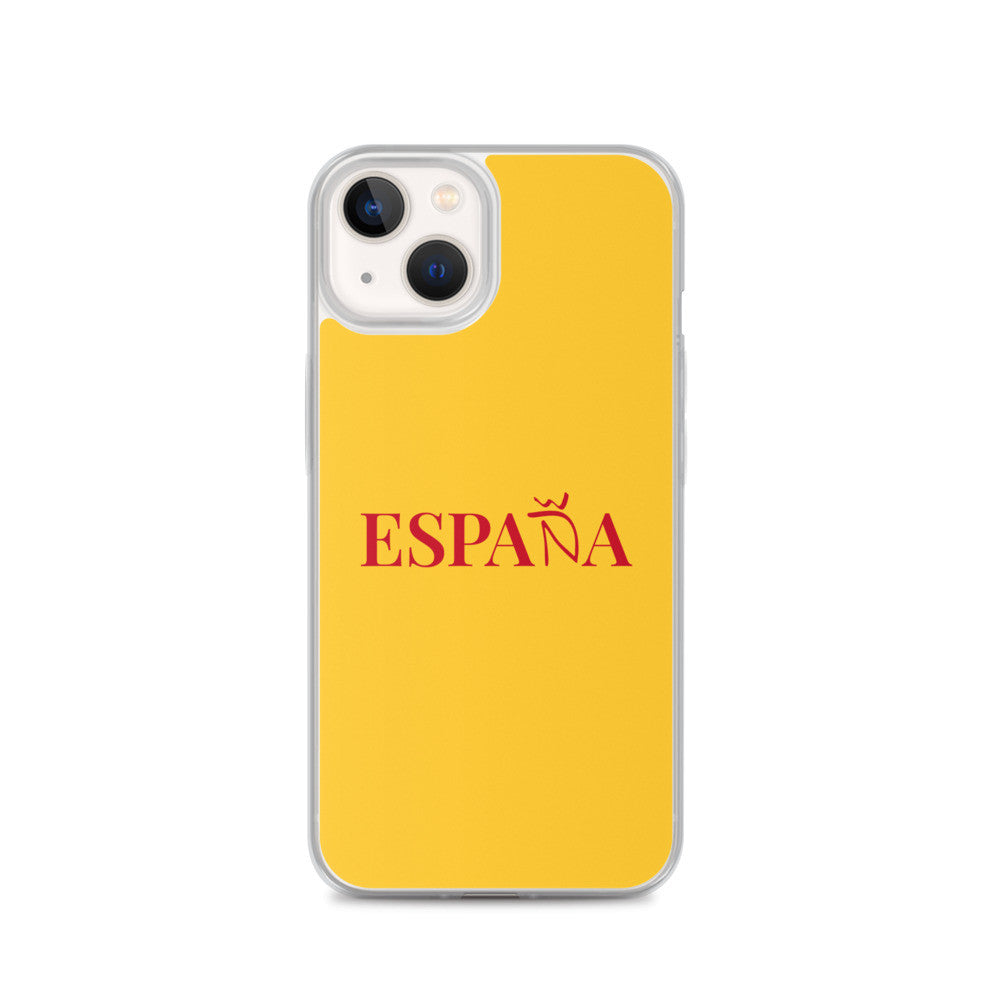 Carcasa transparente iPhone ESPAÑA de color amarillo y letra rojo