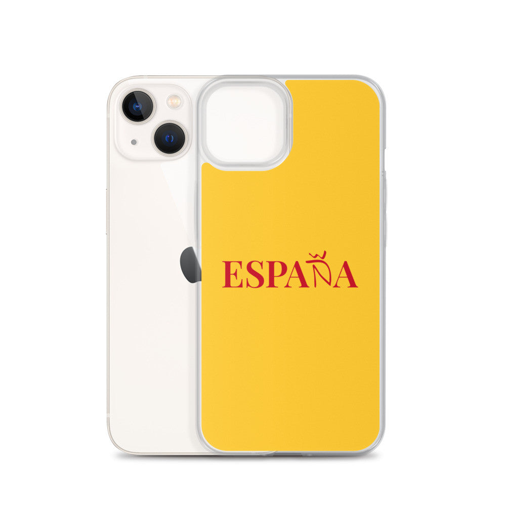 Carcasa transparente iPhone ESPAÑA de color amarillo y letra rojo