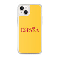 Carcasa transparente iPhone ESPAÑA de color amarillo y letra rojo