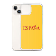 Carcasa transparente iPhone ESPAÑA de color amarillo y letra rojo