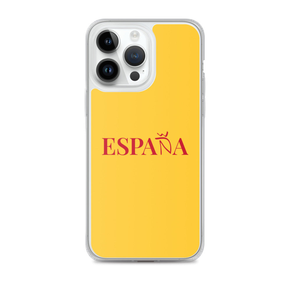 Carcasa transparente iPhone ESPAÑA de color amarillo y letra rojo