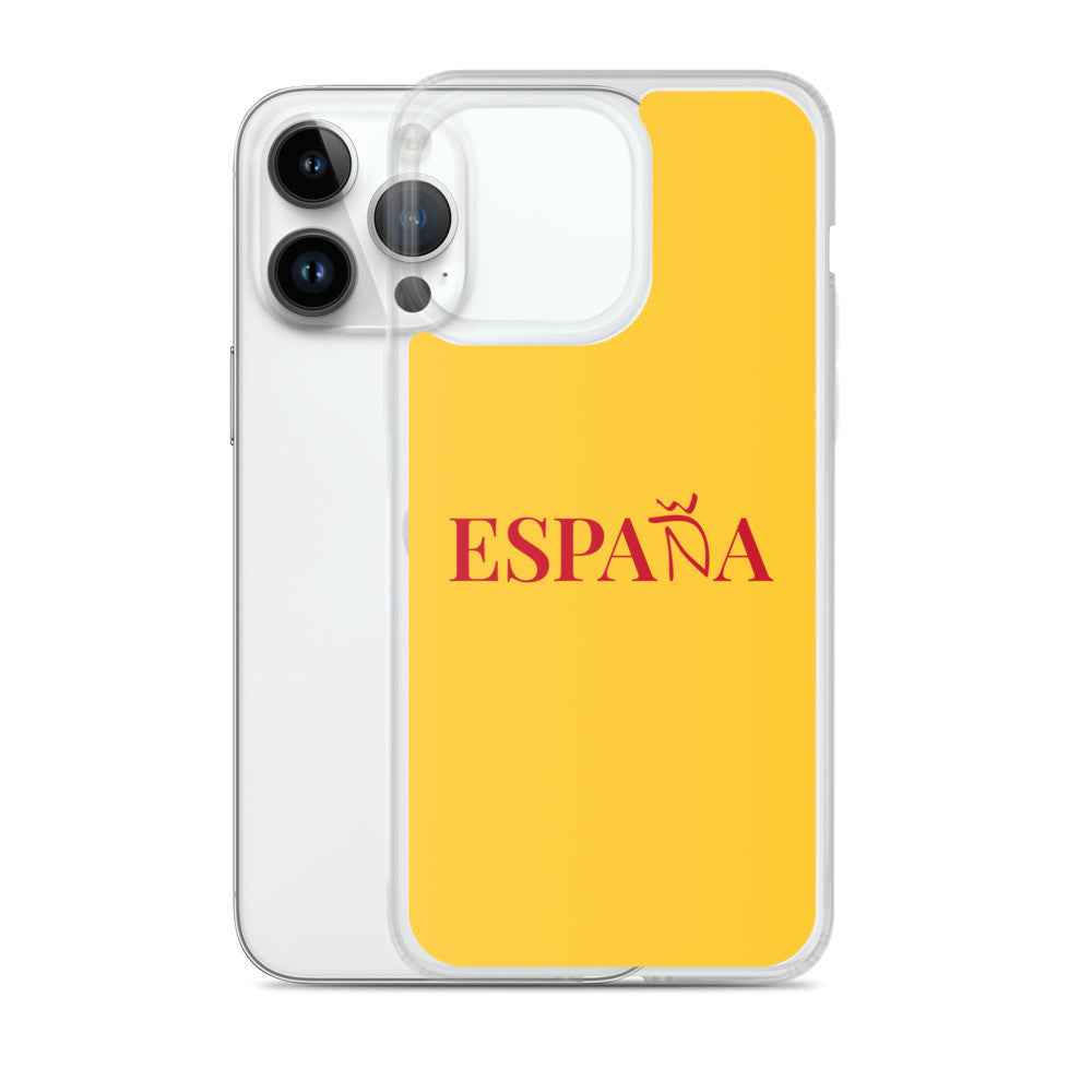 Carcasa transparente iPhone ESPAÑA de color amarillo y letra rojo