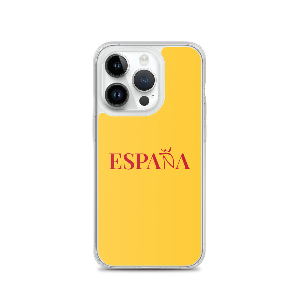 Carcasa transparente iPhone ESPAÑA de color amarillo y letra rojo