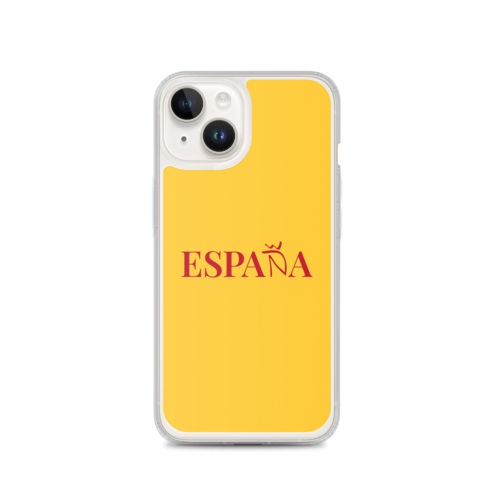 Carcasa transparente iPhone ESPAÑA de color amarillo y letra rojo
