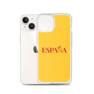 Carcasa transparente iPhone ESPAÑA de color amarillo y letra rojo