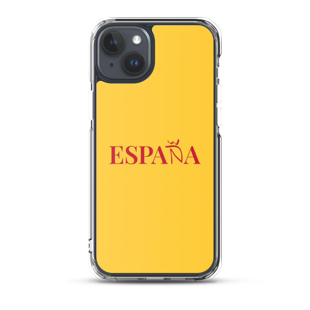 Carcasa transparente iPhone ESPAÑA de color amarillo y letra rojo