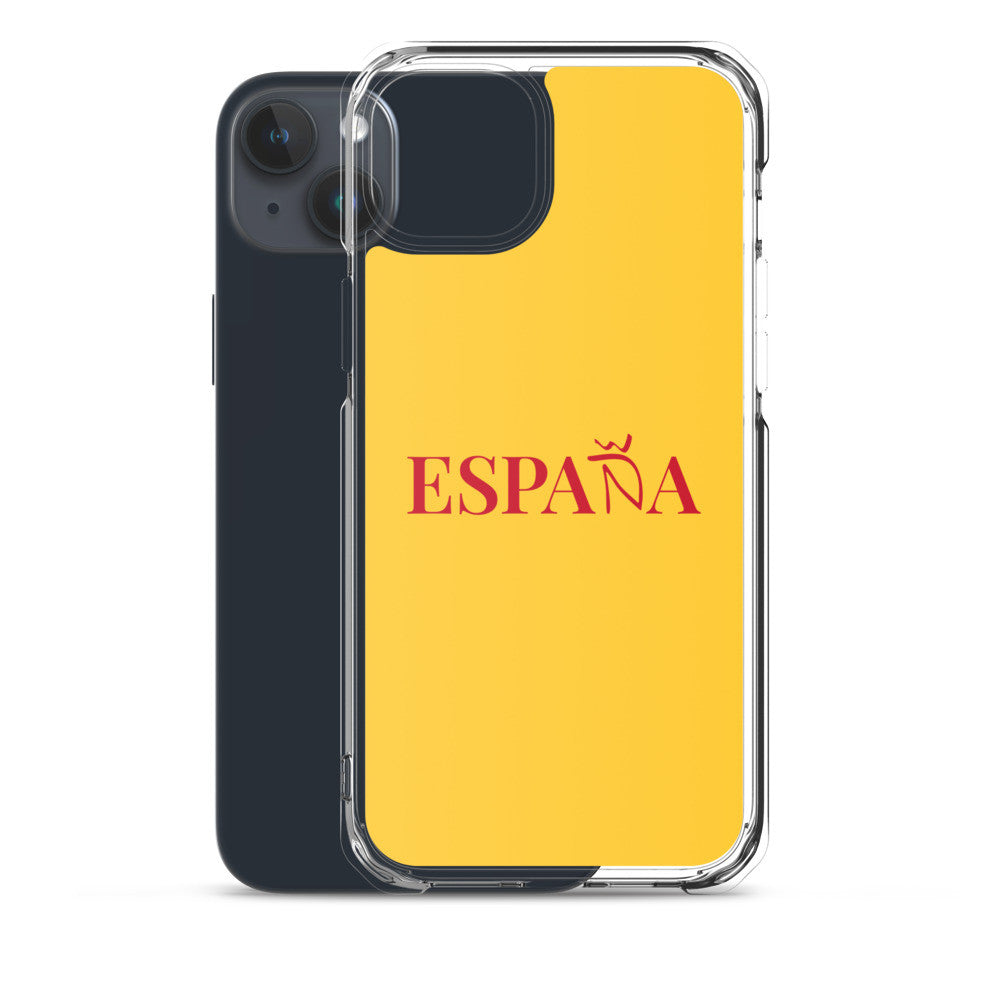 Carcasa transparente iPhone ESPAÑA de color amarillo y letra rojo