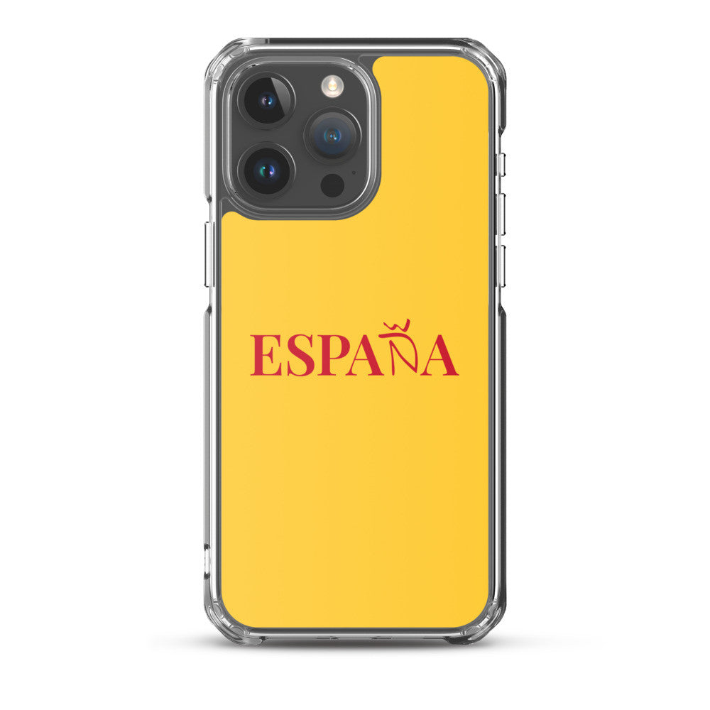 Carcasa transparente iPhone ESPAÑA de color amarillo y letra rojo