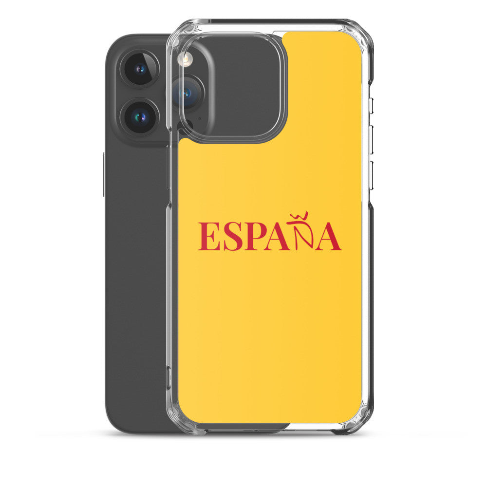 Carcasa transparente iPhone ESPAÑA de color amarillo y letra rojo