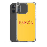 Carcasa transparente iPhone ESPAÑA de color amarillo y letra rojo