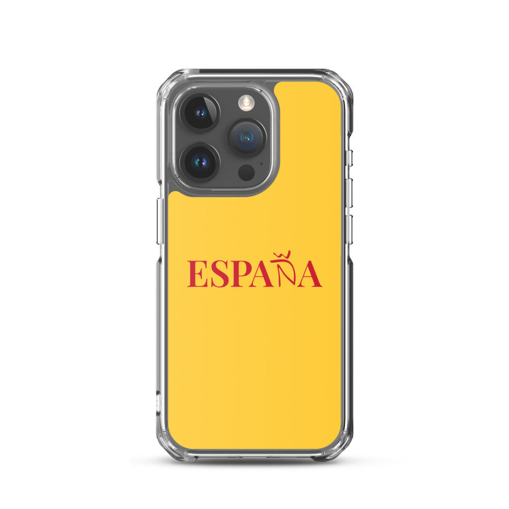 Carcasa transparente iPhone ESPAÑA de color amarillo y letra rojo