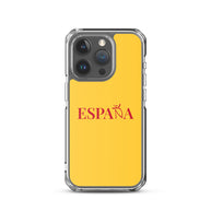 Carcasa transparente iPhone ESPAÑA de color amarillo y letra rojo