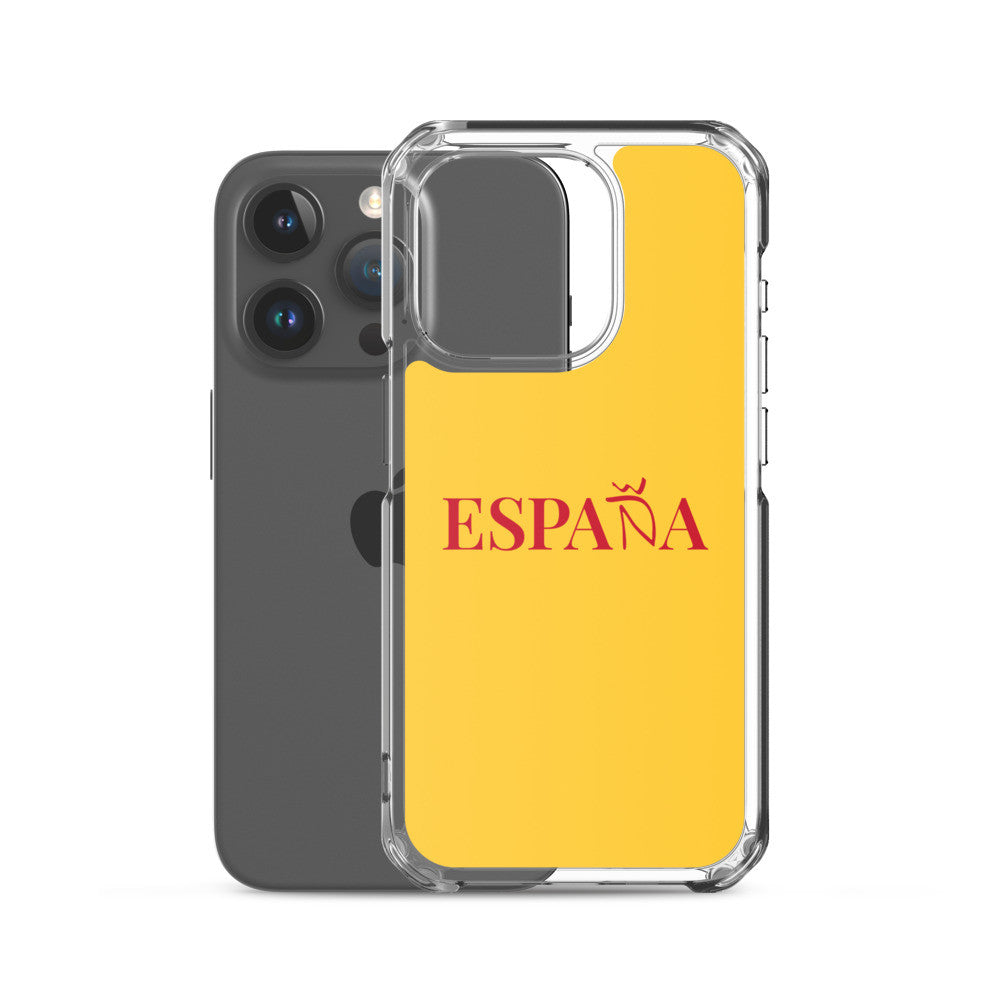 Carcasa transparente iPhone ESPAÑA de color amarillo y letra rojo