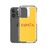 Carcasa transparente iPhone ESPAÑA de color amarillo y letra rojo