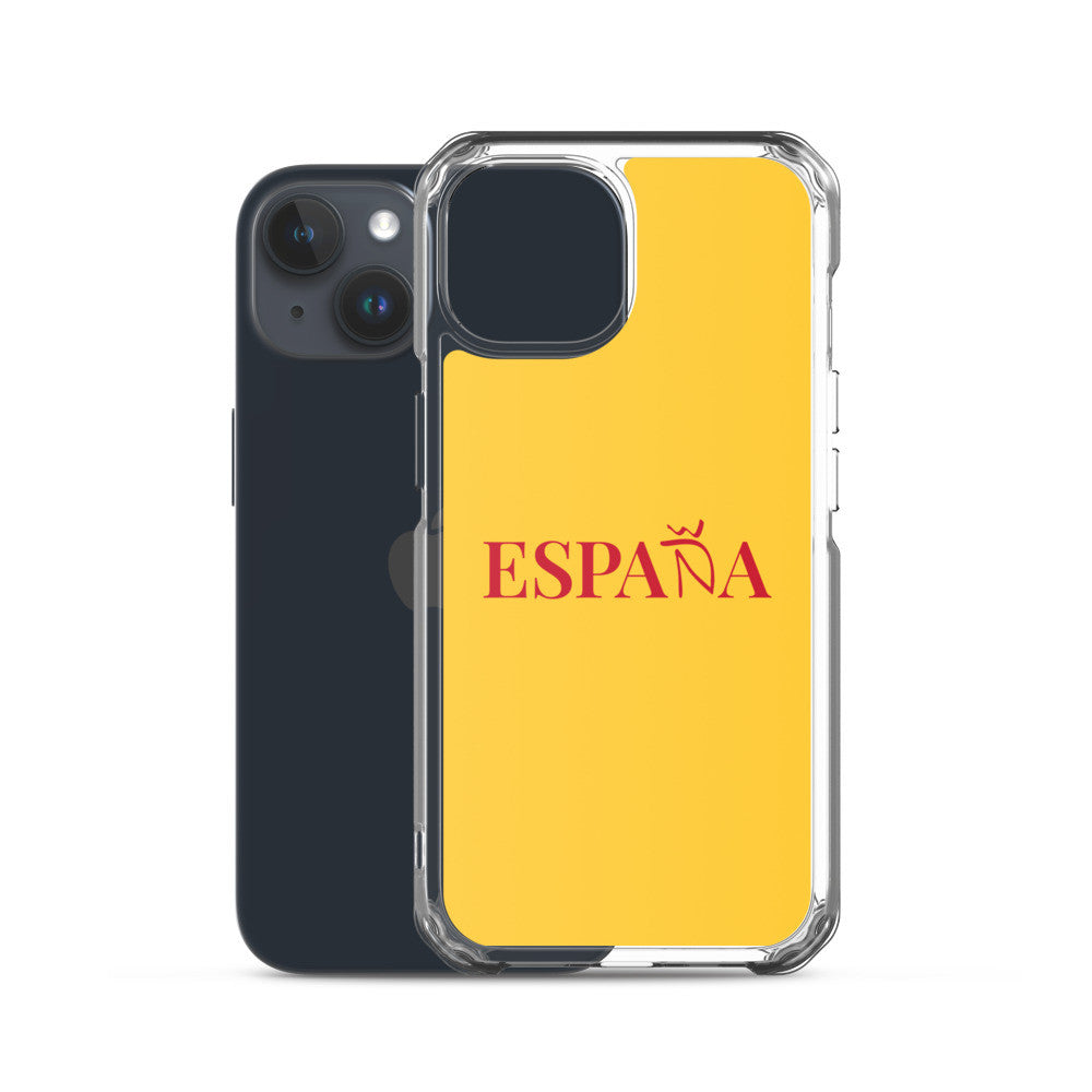 Carcasa transparente iPhone ESPAÑA de color amarillo y letra rojo