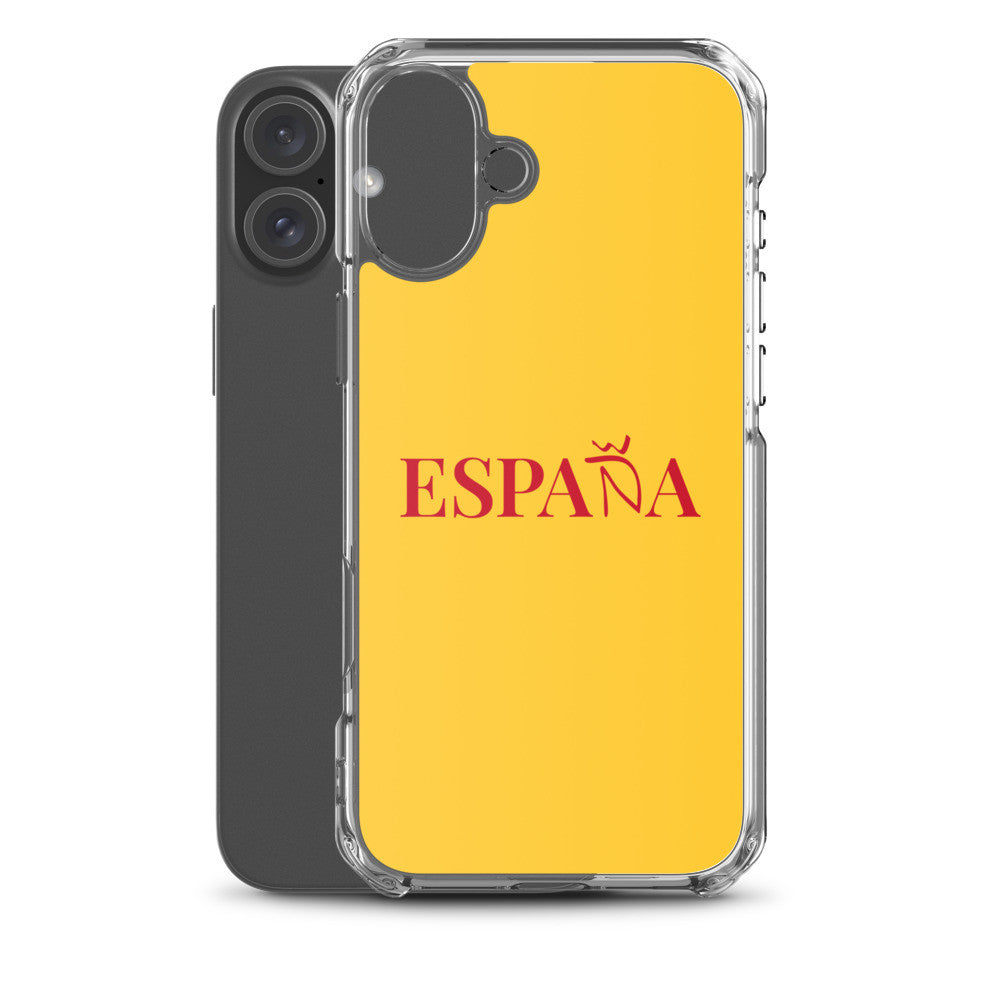 Carcasa transparente iPhone ESPAÑA de color amarillo y letra rojo